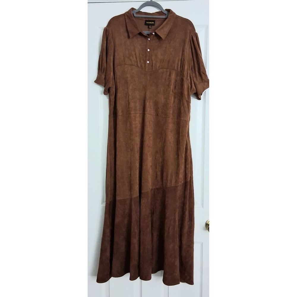 Sugarlips Dress Women's Size 2X Brown Suede Midi Tiered Short Sleeve Button Up
